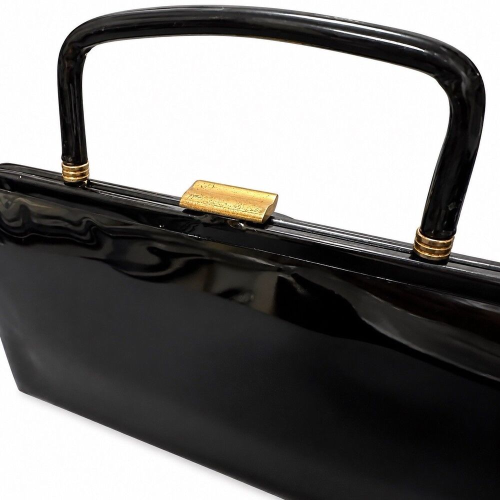 Vintage Garay MCM Black Patent Handbag Purse Handle Gold Tone Frame Clutch